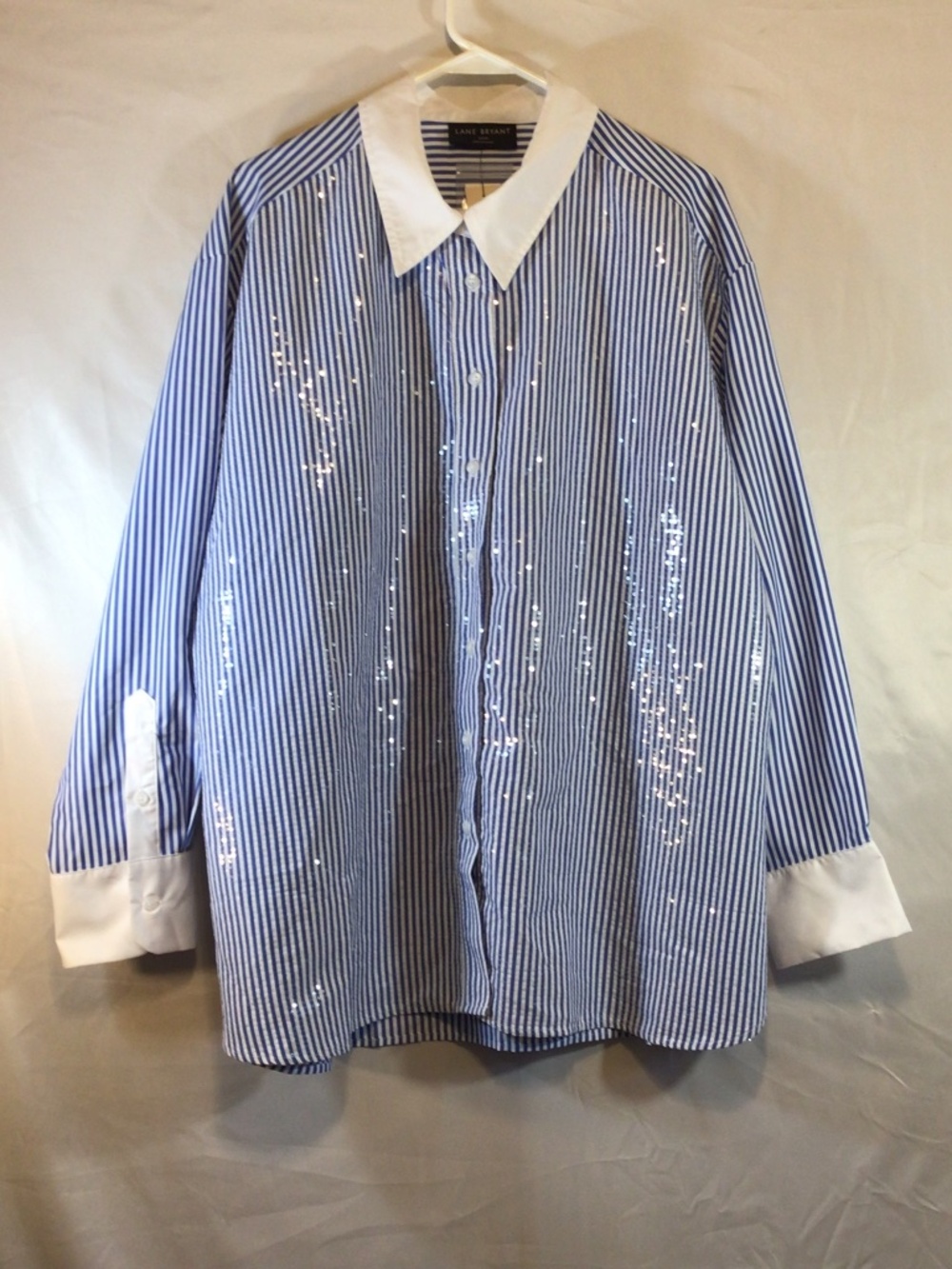 Lane Bryant Stripe Sequin Button Down Shirt 22/24 Contrast Cuff Holiday Party